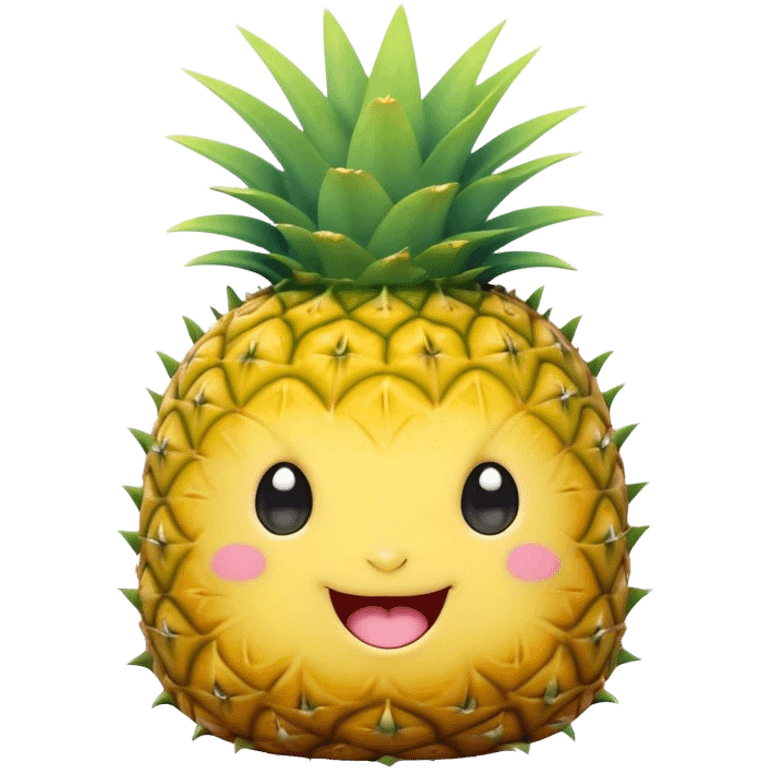 Cute Kawaii Pineapple, tiny and round, bright golden yellow with a spiky green top, chubby cheeks, playful winking expression, soft pastel textures, sweet and tropical vibes! emoji