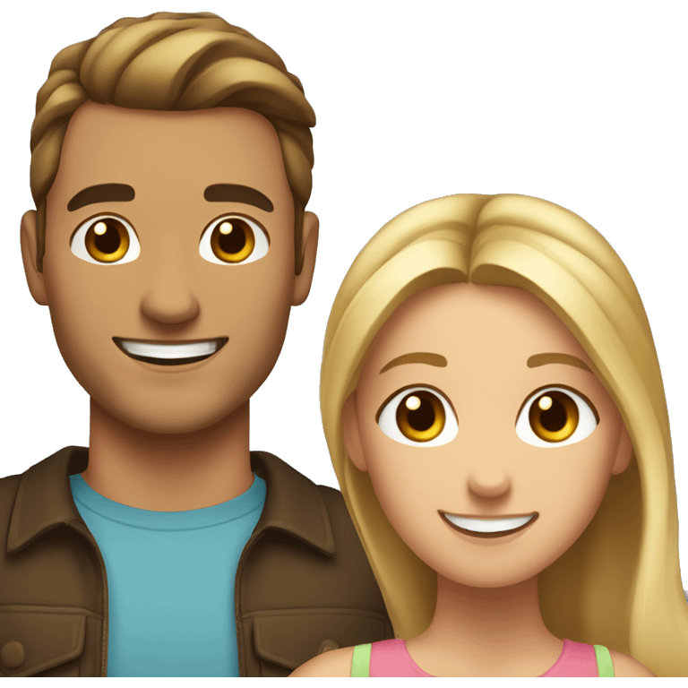 Woman and man smiling, woman has straight Brown hair in a ponytail, slightly sunkissed skin, man has blonde long hair which are in a ponytail, slightly sunkissed skin emoji