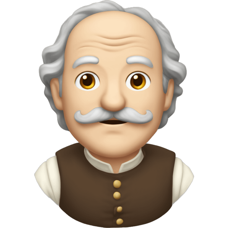 Short pudgy old man over enthusiastic happy excited face bald forehead long wavy gray and brown brunette long wavy hair moustache Shakespearean dress vintage clothes hamlet small arms emoji