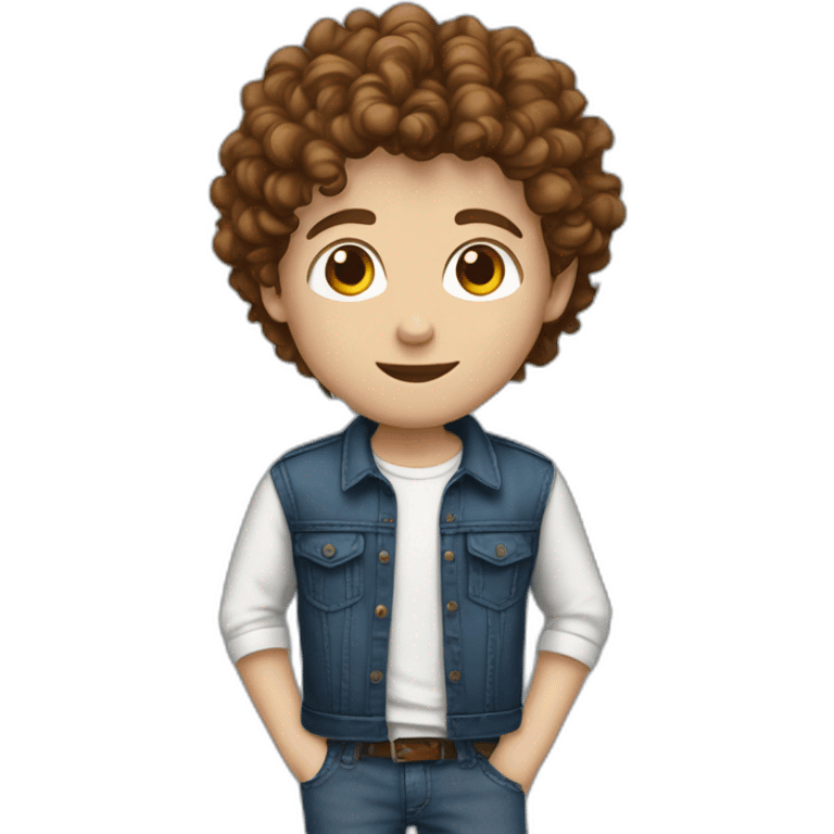 white boy with short brown messy curly hair wearing a white shirt, a dark blue jeans PixelartFSS emoji