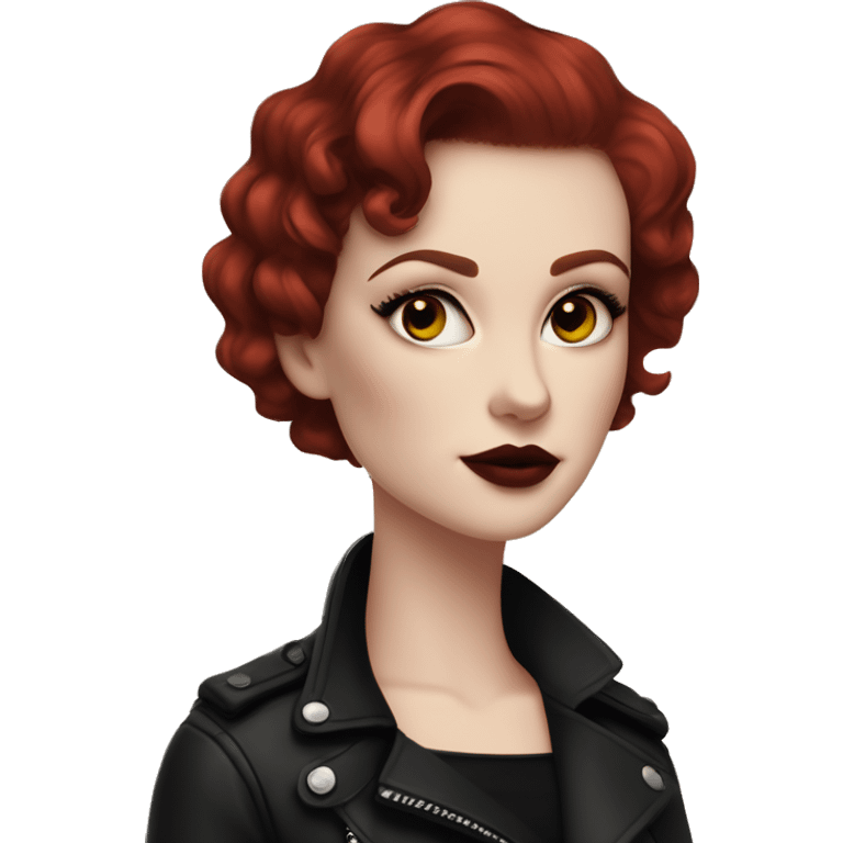 Girl with very pale skin, bright red curly short hair with a side part, black cat-eye makeup, long eyelashes, dark maroon blush and lipstick.  Her eyebrows are dark, arched and very high.  Hazel eyes. Big lips. Thin. Wearing a black biker jacket  emoji