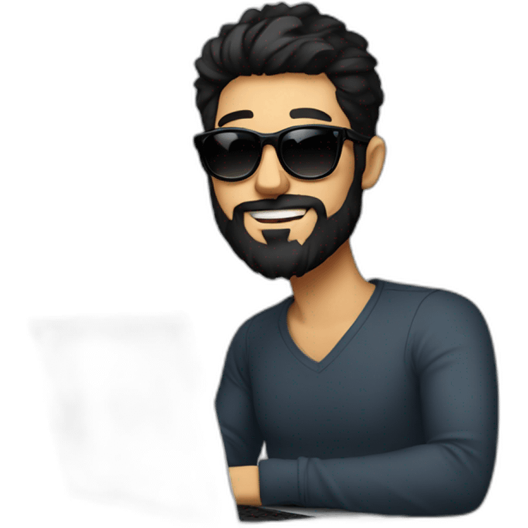 Designer with black hair, beard and round sunglasses working with MacBook and drinking cappuccino  emoji