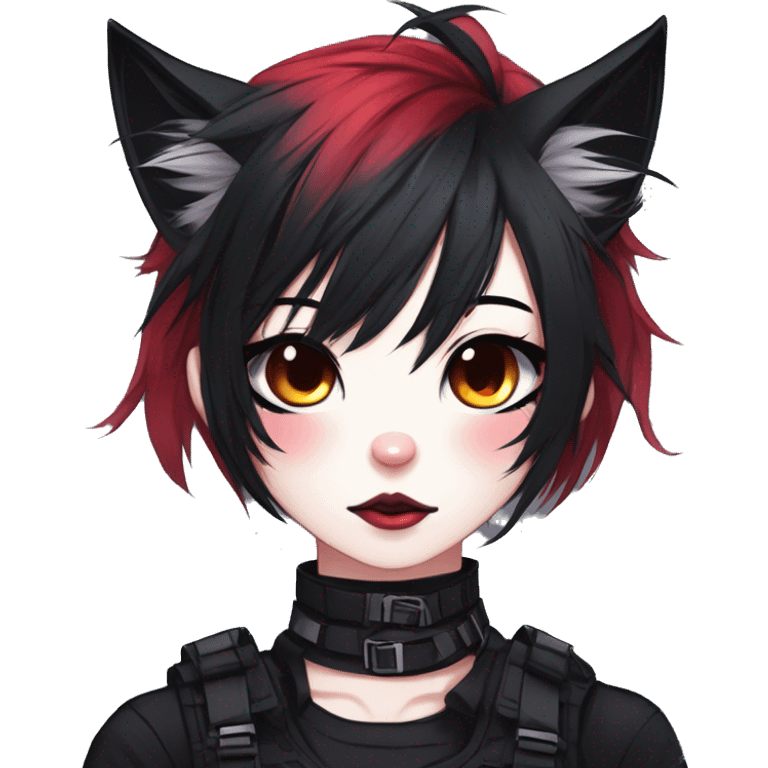 Gorgeous gothic dark techwear anime style anthro cat furry with blushing face aesthetic and pretty edgy black red punk messy ponytail hair with collar and harness trending style emoji