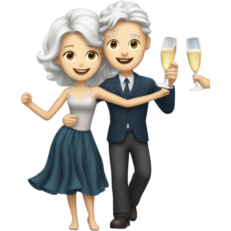 a white boy with gray hair and a girl with long blond wavy hair dancing with a glass of champagne emoji