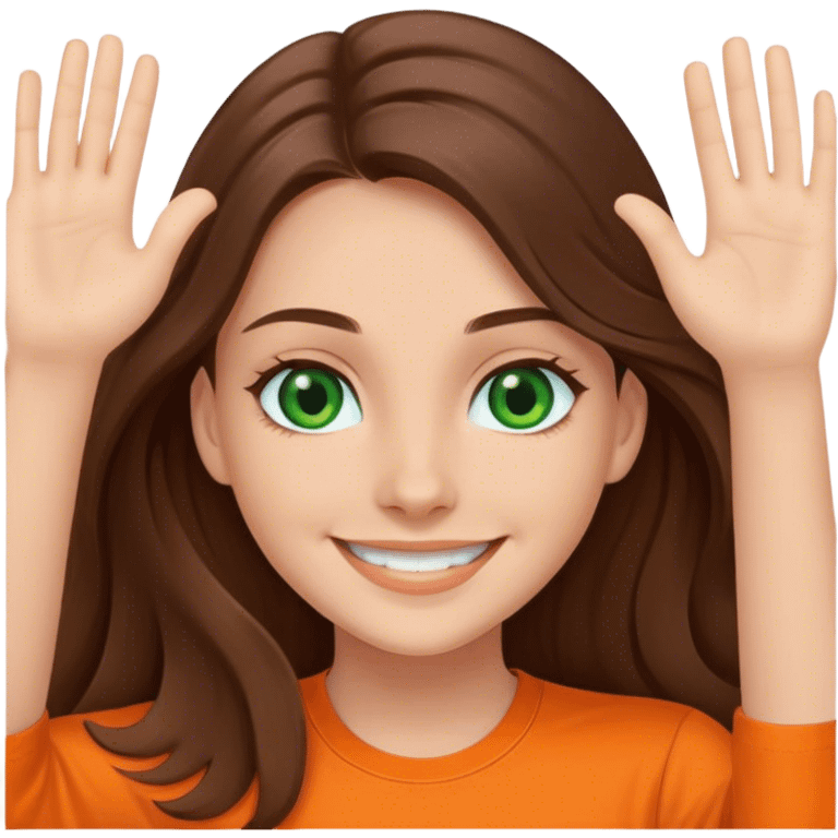 smiling girl with long brown hair, middle hair split, waving, green eyes, orange shirt emoji