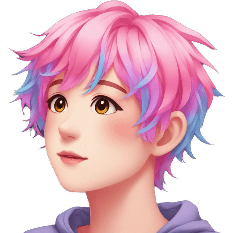 Gorgeous anime style shojo character with blushing face aesthetic and pretty colorful shiny gradient neon hair with hair garment trending style emoji