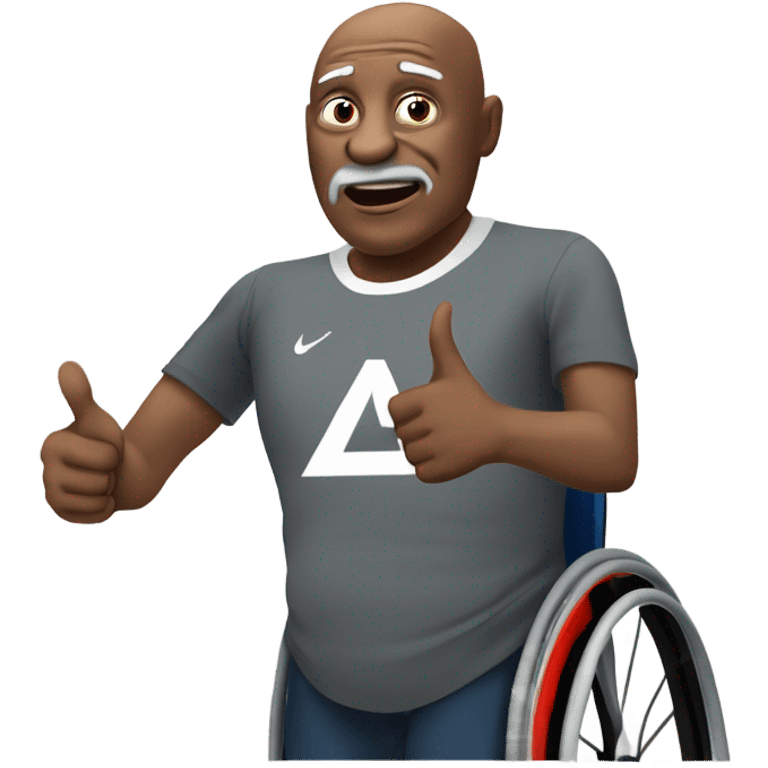 old black bald man with a round pot belly in wheelchair. angry face. grey stubble. he is pointing finger in front. wearing Arsenal soccer shirt. saying word bubble emoji