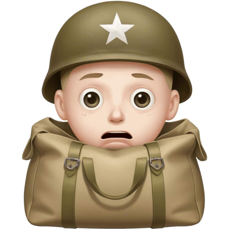 Traumatized WWII Soldier, eyes glazed over with big bags underneath, mouth slightly open emoji