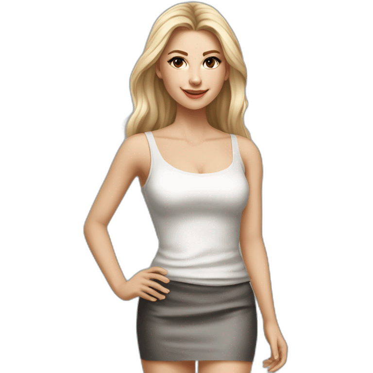 hyperrealist caucasian, long blonde hair, brown eyes, woman, white decollette tank top, gray tight mini skirt, black high heels, full height emoji