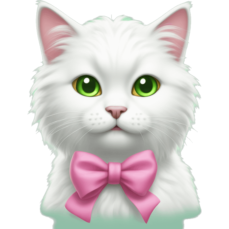 a white fluffy cat, with green eyes and a pink bow on its head, licks its paws emoji