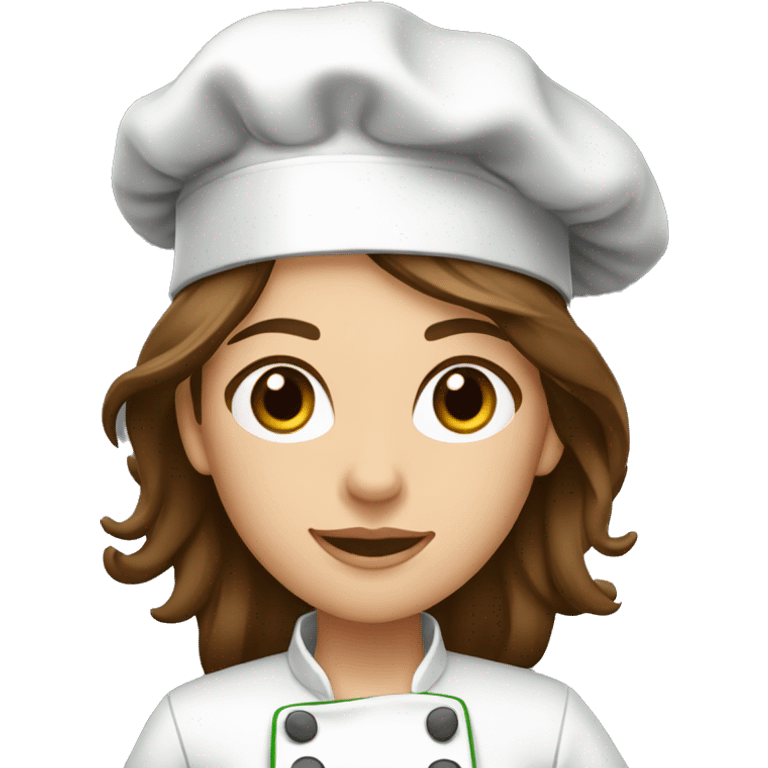 Female chef with long brown hair and hazel eyes wearing a dark green chef’s coat  emoji