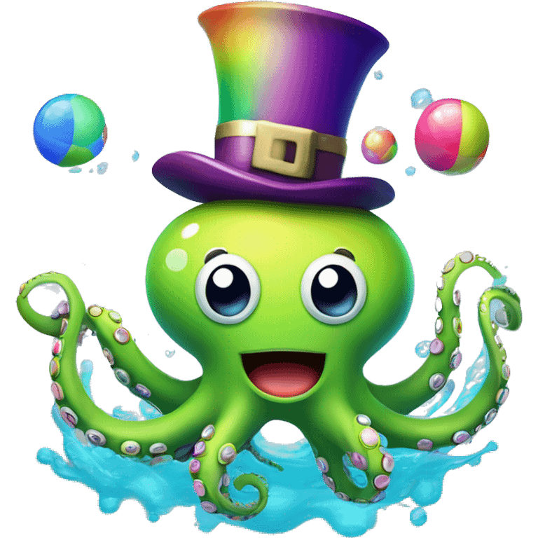 Design an emoji of a playful octopus wearing a tiny top hat and monocle, juggling colorful beach balls with its tentacles. The octopus has a cheeky smile, and bubbles float around it, adding a whimsical underwater vibe emoji