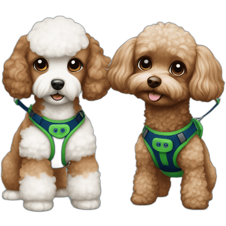 Brown toy poodle with dark blue harness and white Maltese with green harness emoji