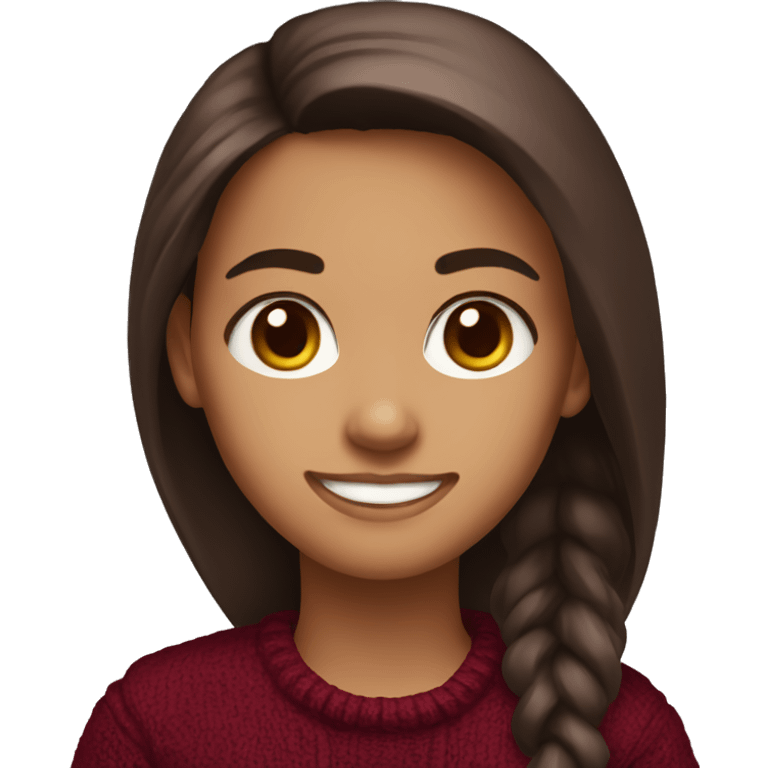 Girl with maroon sweater long brown hair brown eyes and smiling emoji