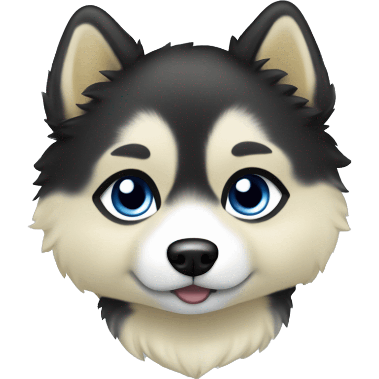 Cute pomsky puppy with blue eyes, light yellow eyebrows and black fur with light yellow and white pattern emoji