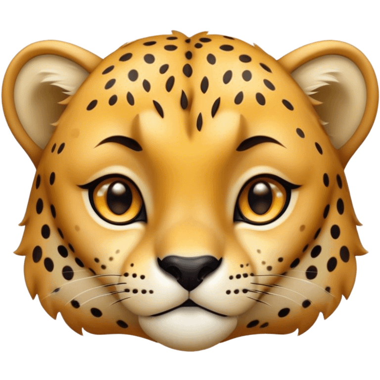 Cinematic Cute Cheetah Portrait Emoji, Head tilted playfully and inquisitively, featuring a glossy, golden spotted Fur with a natural sheen, round, sparkling amber eyes filled with curious mischief, Simplified yet irresistibly adorable features, highly detailed, glowing with a warm, friendly glow, high shine, affectionate and agile, stylized with a touch of savannah whimsy, bright and endearing, soft glowing outline, capturing the essence of a mischievous yet loving cheetah, so playful it feels like it could dash out of the screen and into your arms! emoji