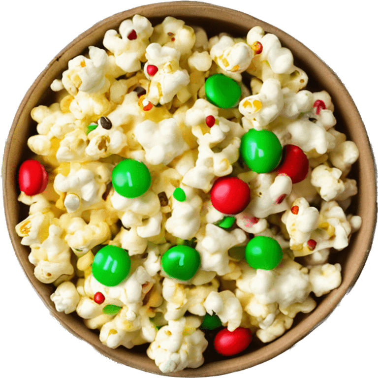 Festive popcorn in box mix with white chocolate drizzle, red and green M&Ms emoji