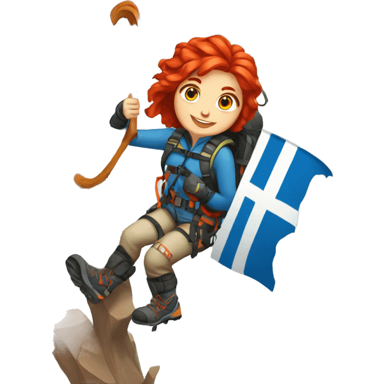 Female winter mountain climber red hair climbing with Greek flag Easter eggs emoji