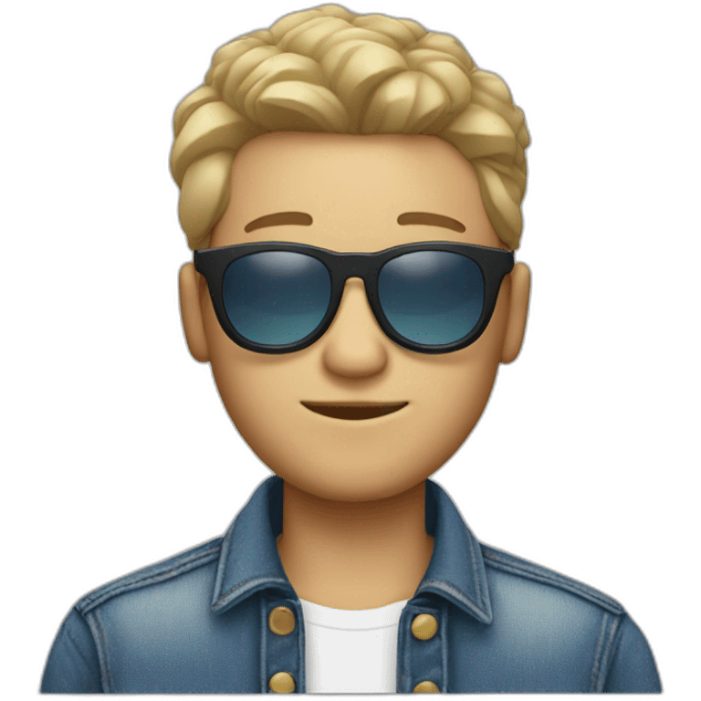 white guy with a jean jacket with round sunglasses and curtains haircut emoji