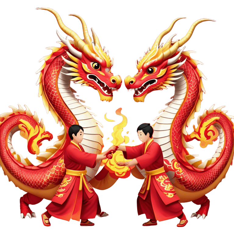 Cinematic Realistic scene of two performers guiding an elaborately designed dragon costume during a Dragon Dance, with vivid traditional patterns and dynamic motion, set under festive, red-tinged lighting emoji