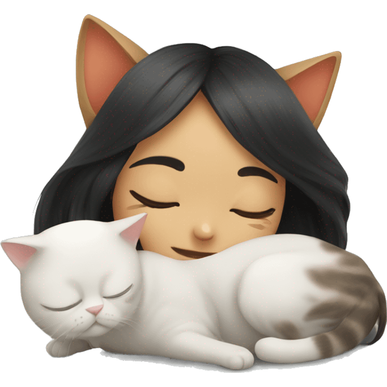 a cat is sleeping on an asia girl head emoji