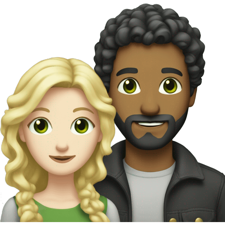 Man with pale skin and short black hair and beard with woman with long curly blonde hair and green eyes  emoji