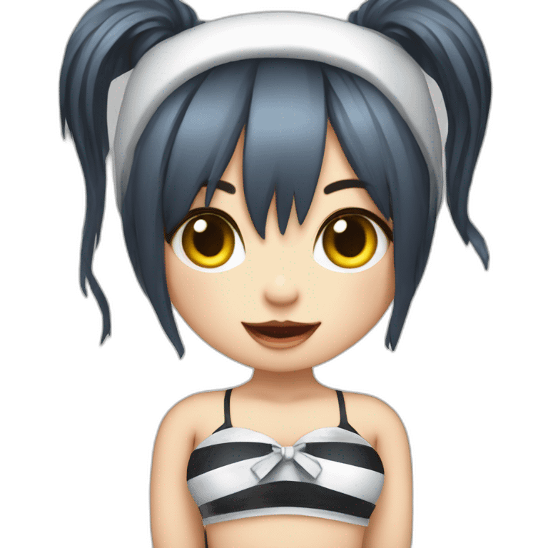 Frontal view curvy emo girl sits white skirt striped stockings hands up emoji