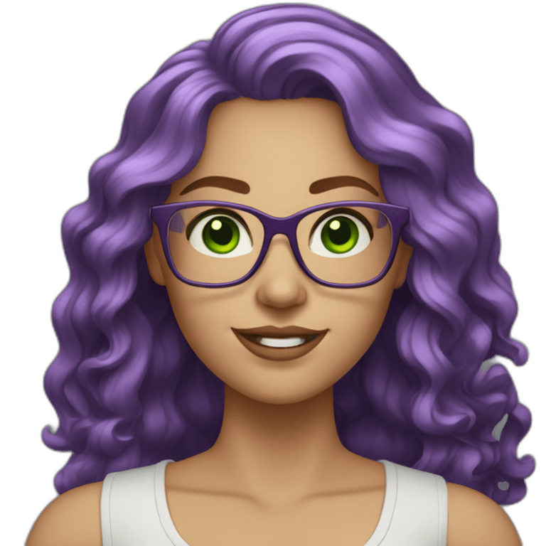 White-curvy-woman-purple-long-wavy-hair-green-eyes-square-glasses emoji