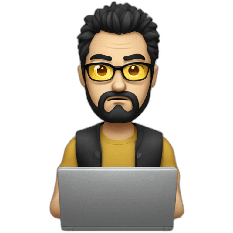 angry men with black hair and beard with golden glasses coding on computer emoji