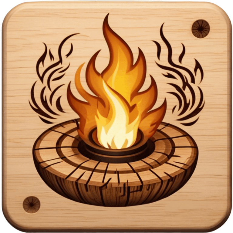 Pyrography icon, wooden surface with detailed burn marks, intricate patterns etched into wood using an incinerator, no flames or smoke, minimalistic style, clean lines, transparent background. emoji