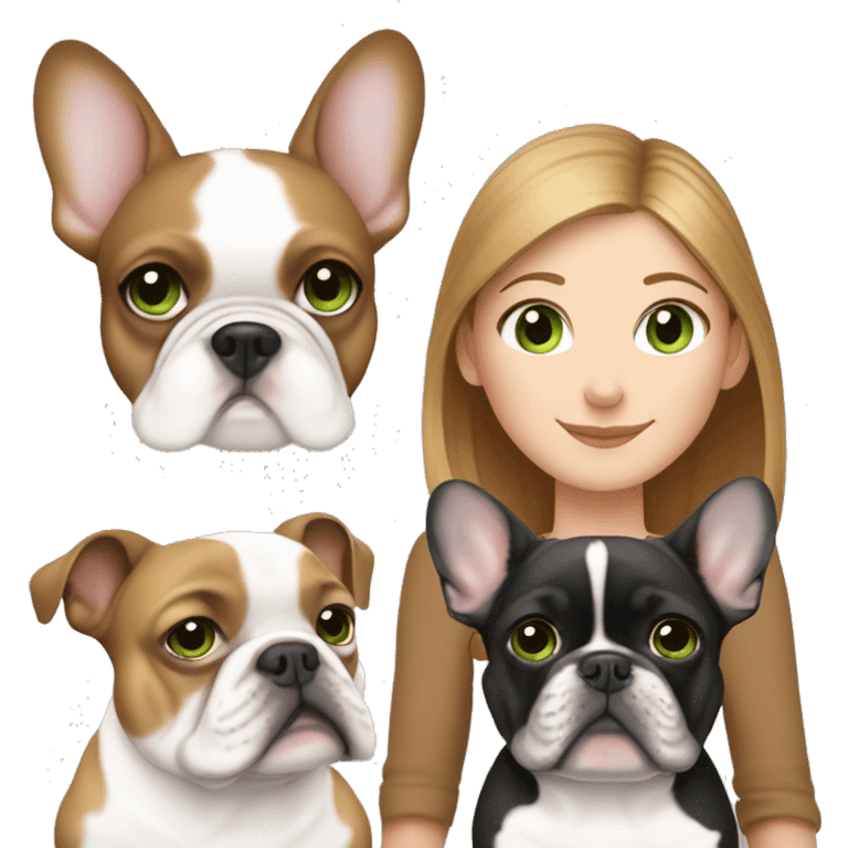 Mom with light brown hair and green eyes, daughter with light brown hair and blue eyes, white French bulldog with black  emoji