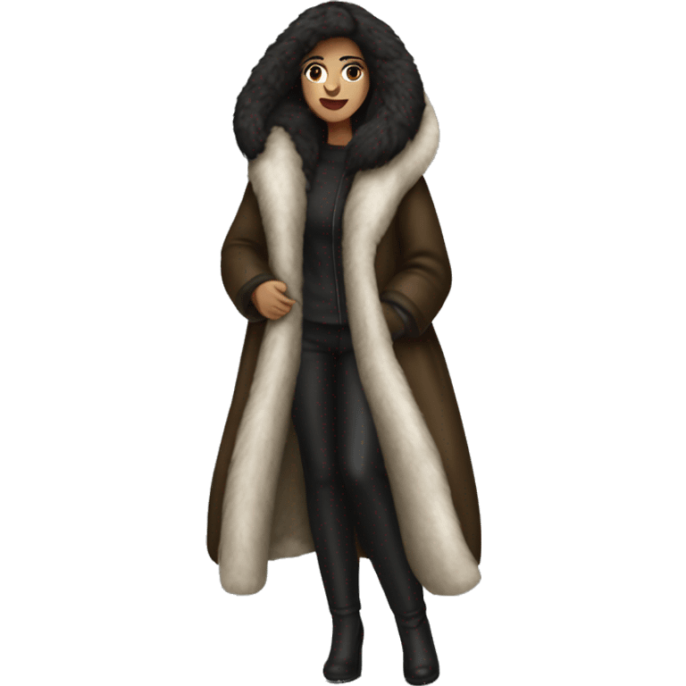 Dark haired woman wearing big full length fur coat emoji