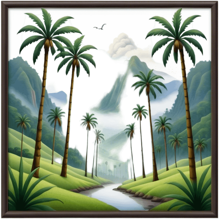 Cinematic Realistic Cocora Valley Landscape Emoji, depicted with towering wax palm trees in a lush, misty valley rendered with rich textures and dynamic, natural lighting. emoji