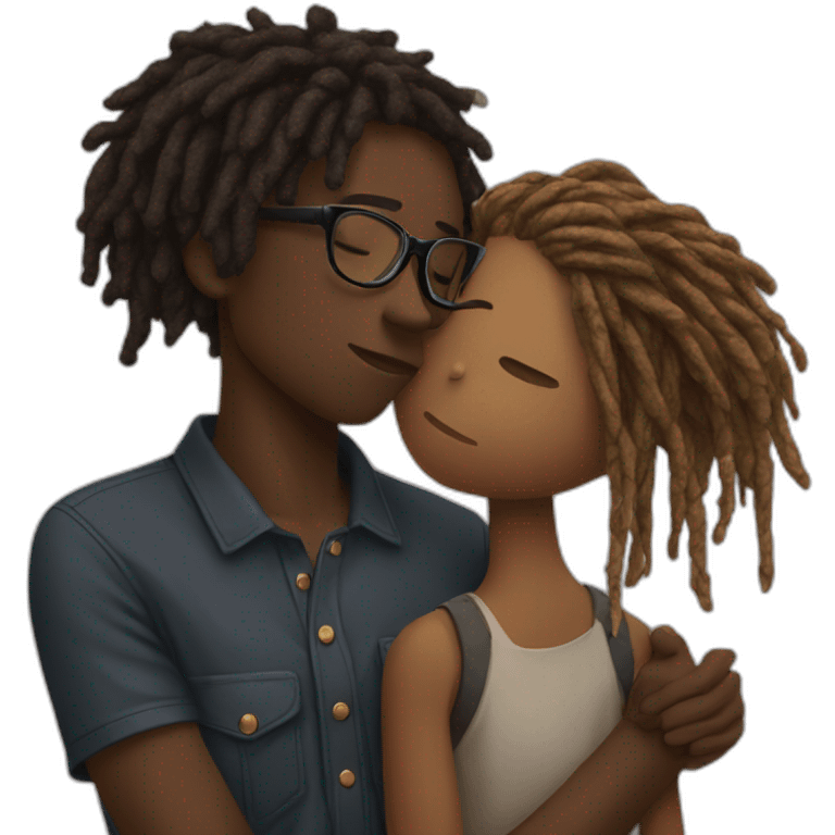 Black boy with dreads covering face kissing brown girl glasses emoji