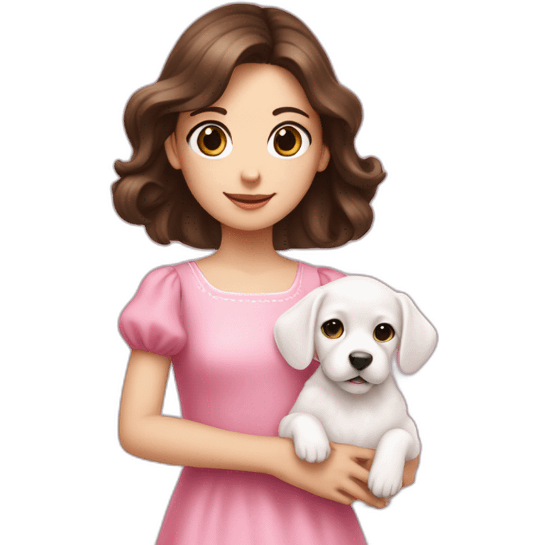 girl brunette hold on the hand small white puppy in pink dress emoji