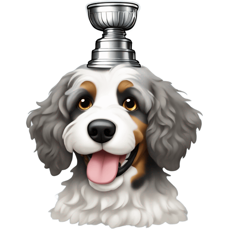 Phantom Merle bernedoodle with a Stanley cup  emoji