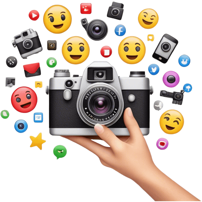 a composition of various media and technology-related emojis, arranged in a visually appealing way. At the center, there is a vintage-style camera emoji with a bright flash effect, symbolizing photography. A hand holding a smartphone emerges from behind the camera, representing digital and mobile content creation. Surrounding the central camera are a film camera, a laptop, and a smartphone with a colorful app grid, illustrating video production, digital work, and social media. The design is clean, modern, and conveys a theme of multimedia, content creation, and technology. emoji