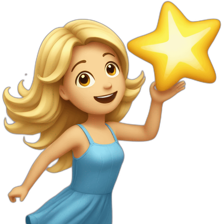 Girl with waving hair in dress flying and catching a star emoji