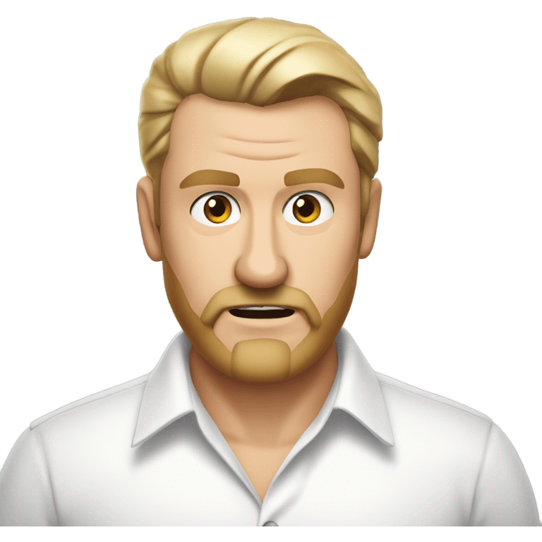 middle aged english man, short slicked back hair blonde, blonde medium length size full beard, eyesbrows angry, in a smart white unbuttoned shirt. emoji