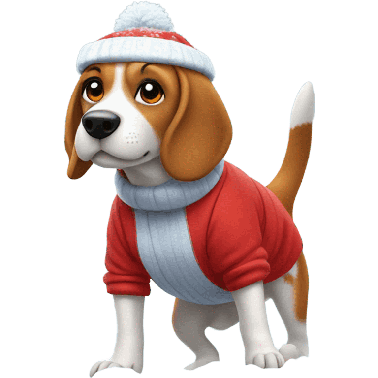 Beagle with red winter clothes and snowball fight emoji