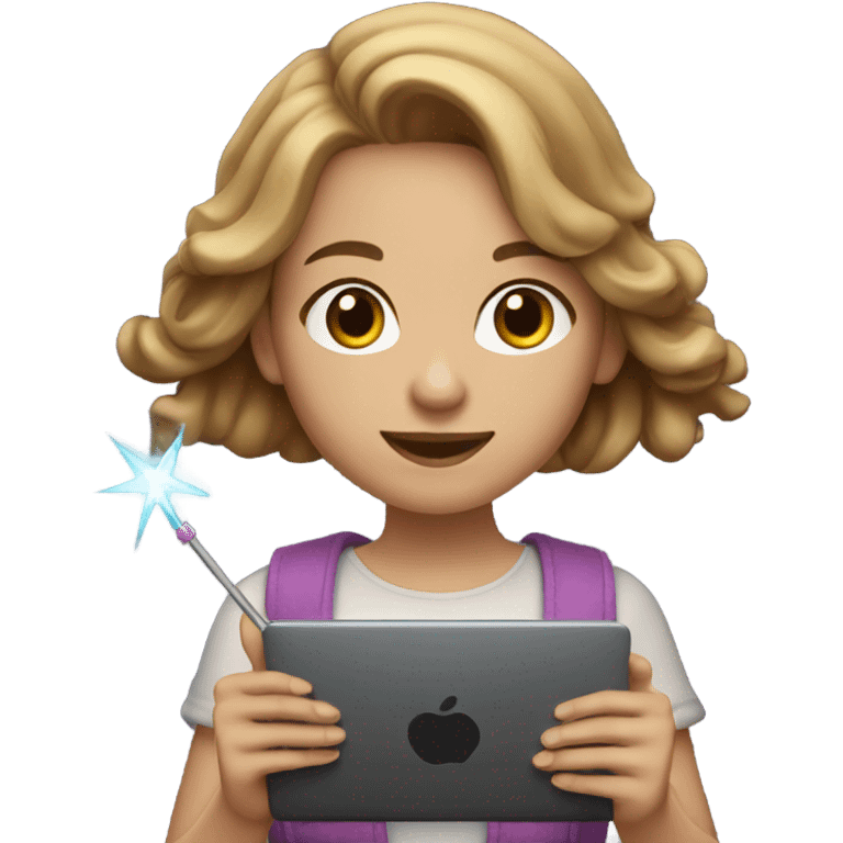 girl with light brown hair on a computer holding a magic wand emoji