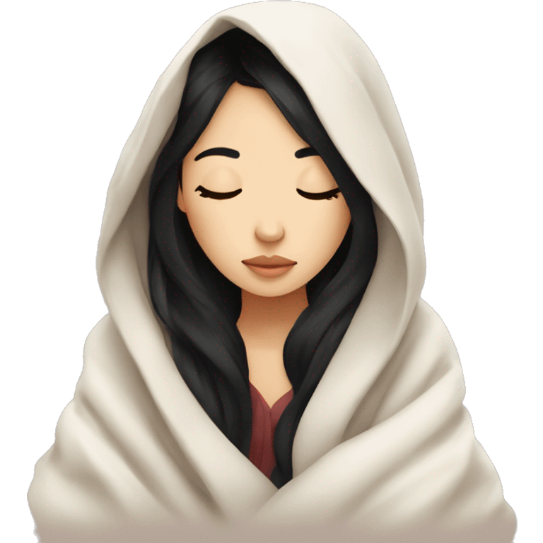 Asian girl inside a blanket sipping coffee eyes closed black hair emoji