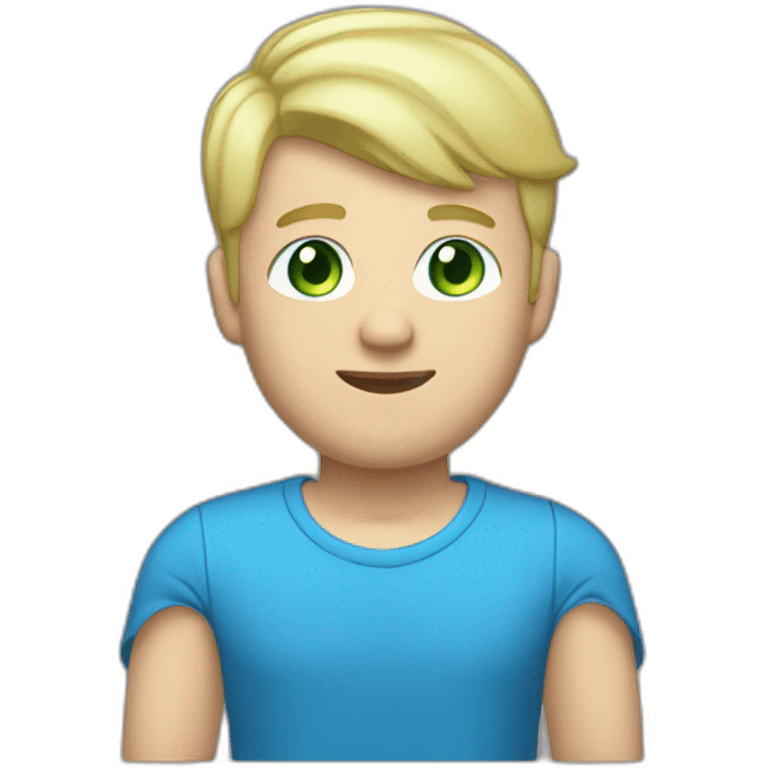 men 30 years old,blond short haire, white skin, blue eyes, green tee-shirt, full body  emoji