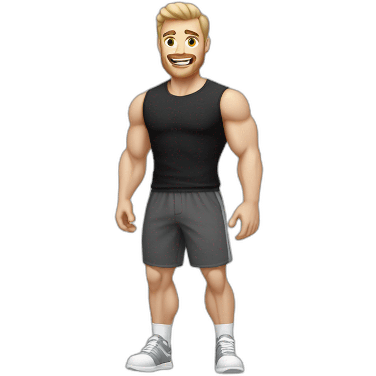 amazed Pale skinned Fit Man With the biceps and dark brown hair in black shirt, gray sports shorts and white Sneakers emoji