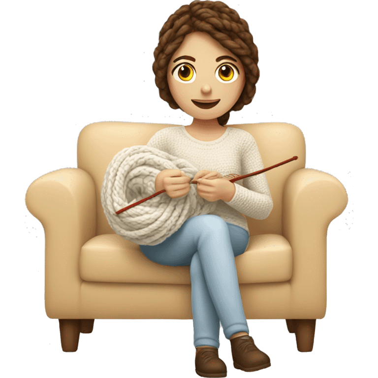 White woman with brown hair, doing crochet on sofa with white yarn emoji