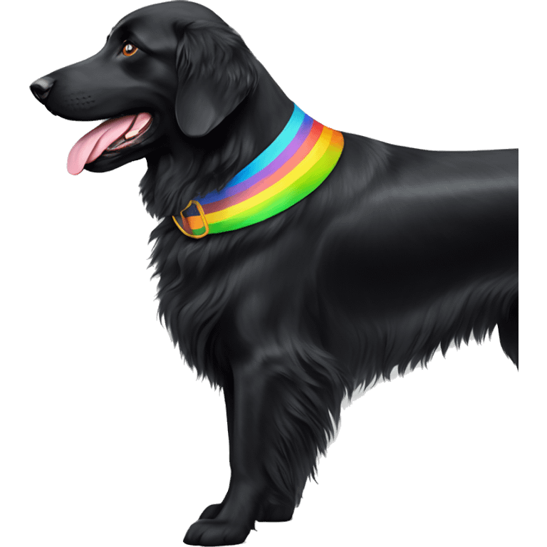 slim black flat-coated retriever with rainbow collar whole dog showing emoji