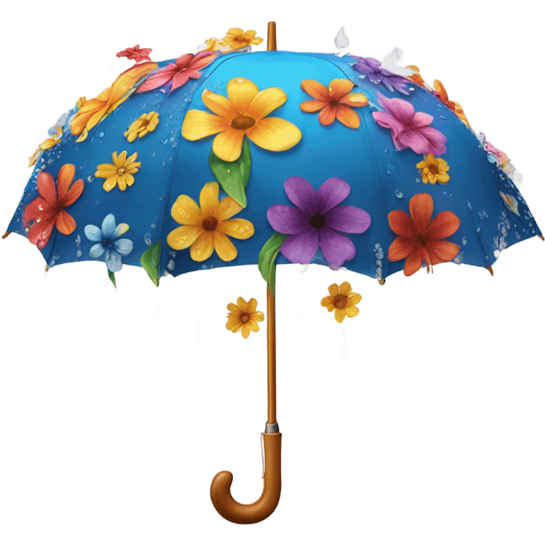 Rainbow umbrella made of flowers with dew drops dripping off and a large handle  emoji