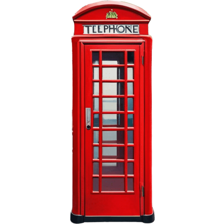 Cinematic Realistic depiction of an iconic red telephone box, rendered in vivid, saturated colors with detailed textures and reflective surfaces, set on a classic English street under soft, diffused daylight emoji