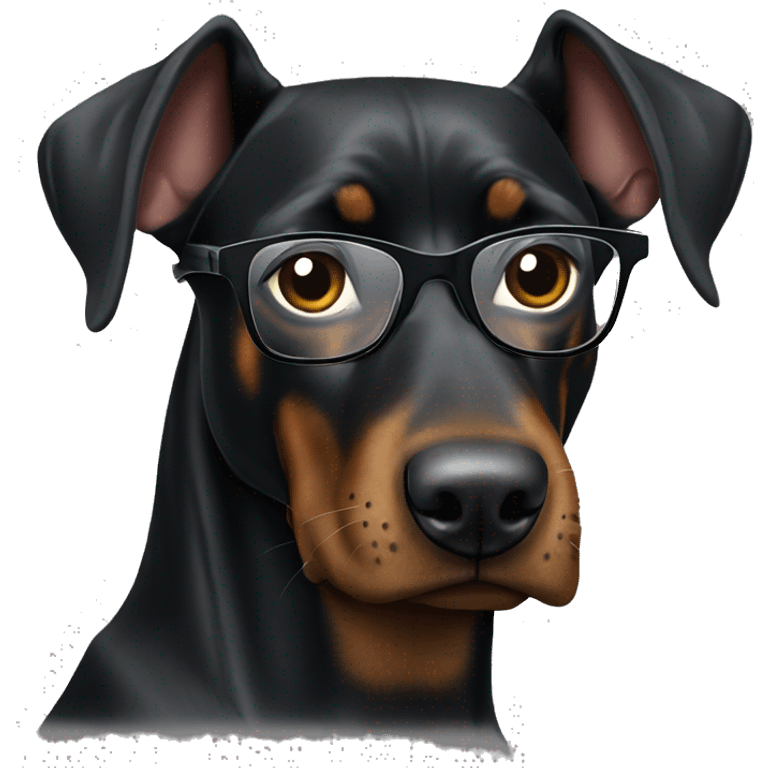 black Doberman with brown spots in a gray sweatshirt and wearing glasses with black frames, positive emoji