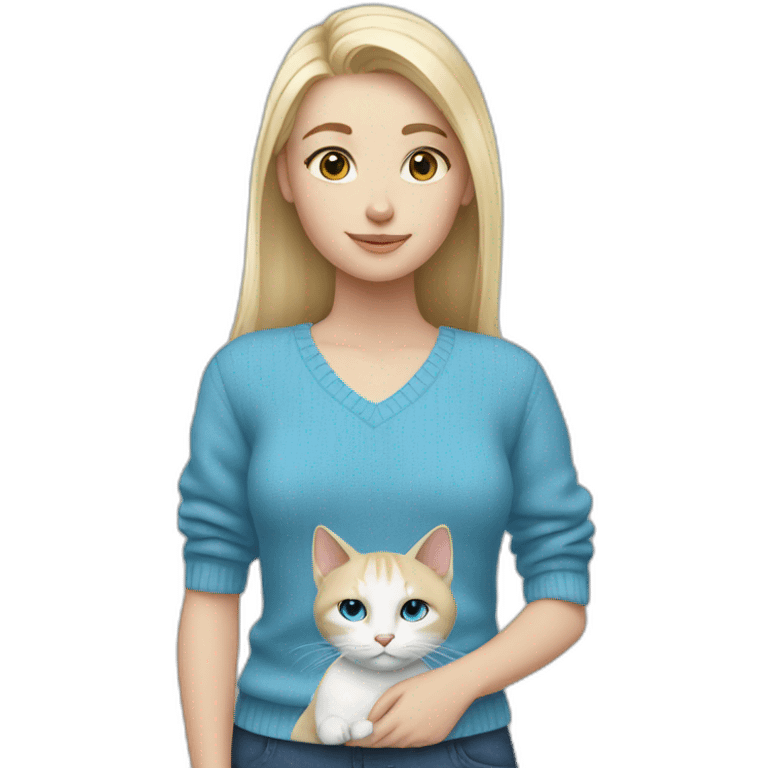 Blonde girl in blue sweater and with white cat emoji